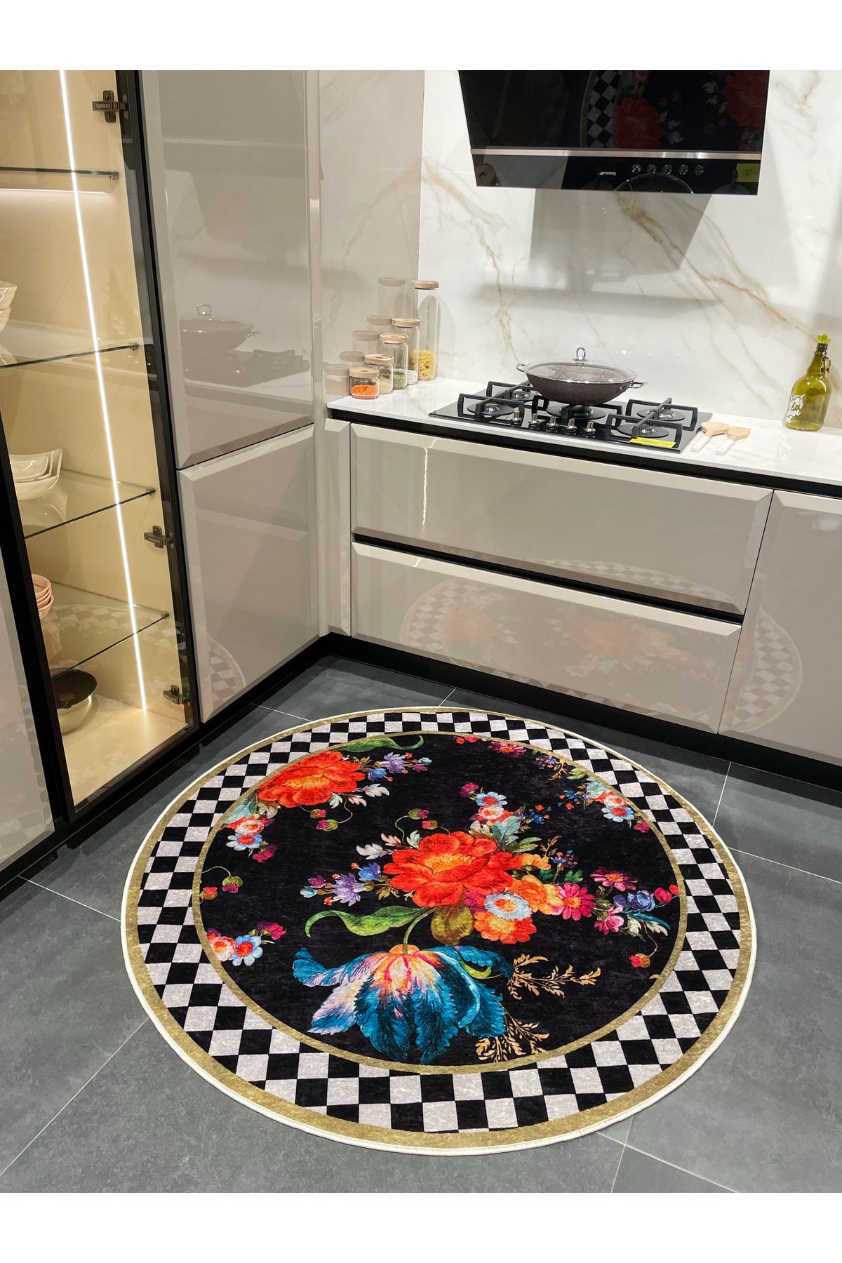 Gray Floral Checkered Round Latex Base Fringeless Rug