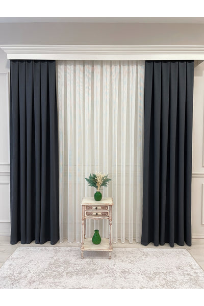 Stone Grey 1/3 Tight Pleat Linen-Look Blackout Curtain