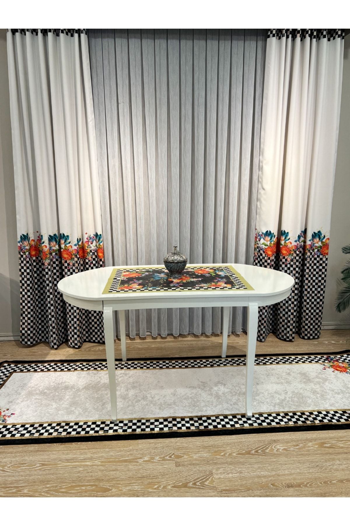 No-Pleat Extra-Reinforced Checkered Floral Blackout Curtain - Beige-Black