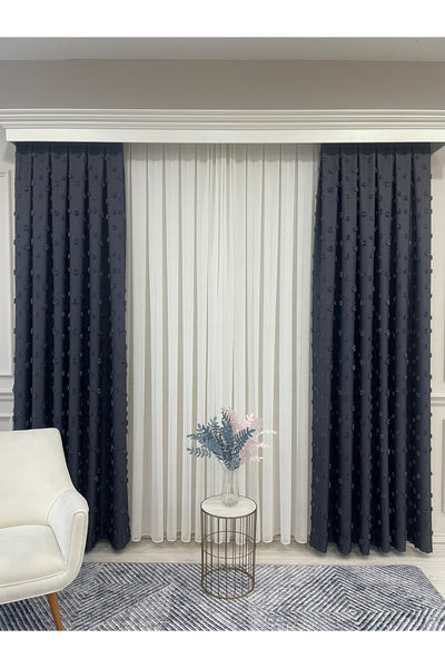 Blue Children's Room Pompom Puffy Blackout Curtain 1/3 Dense Pleating