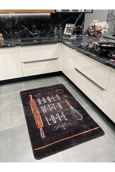 Baked With Love Slogan Kitchen Rug - BLACK