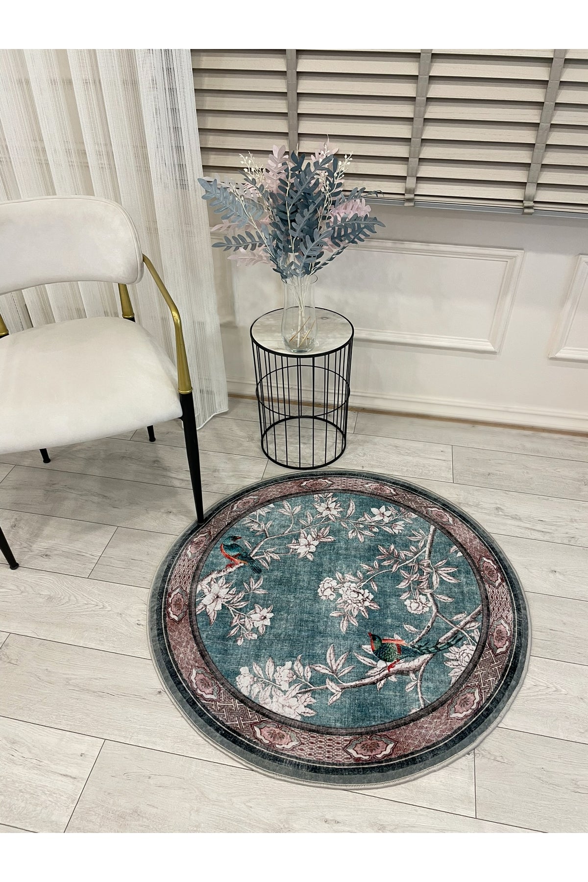 Soft Blue Bird Pattern Bordered Non-Slip Rug