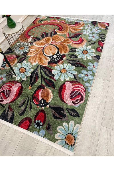 Green Floral Pattern Latex Base Rug