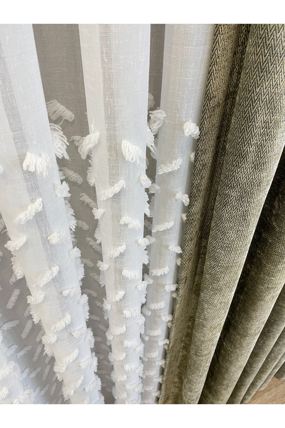 Ecru/Off-White 1/3 Dense Pleated Pompom Puffy Linen-Look Sheer Curtain