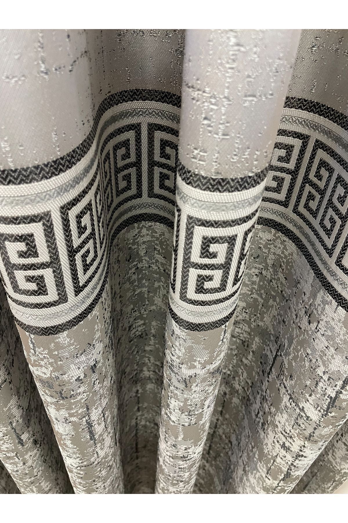 Gray Anthracite Bordered Pattern 1/3 Tight Pleat Jacquard Woven Blackout Curtain