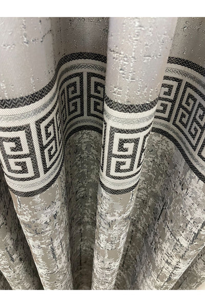 Gray Anthracite Bordered Pattern 1/3 Tight Pleat Jacquard Woven Blackout Curtain