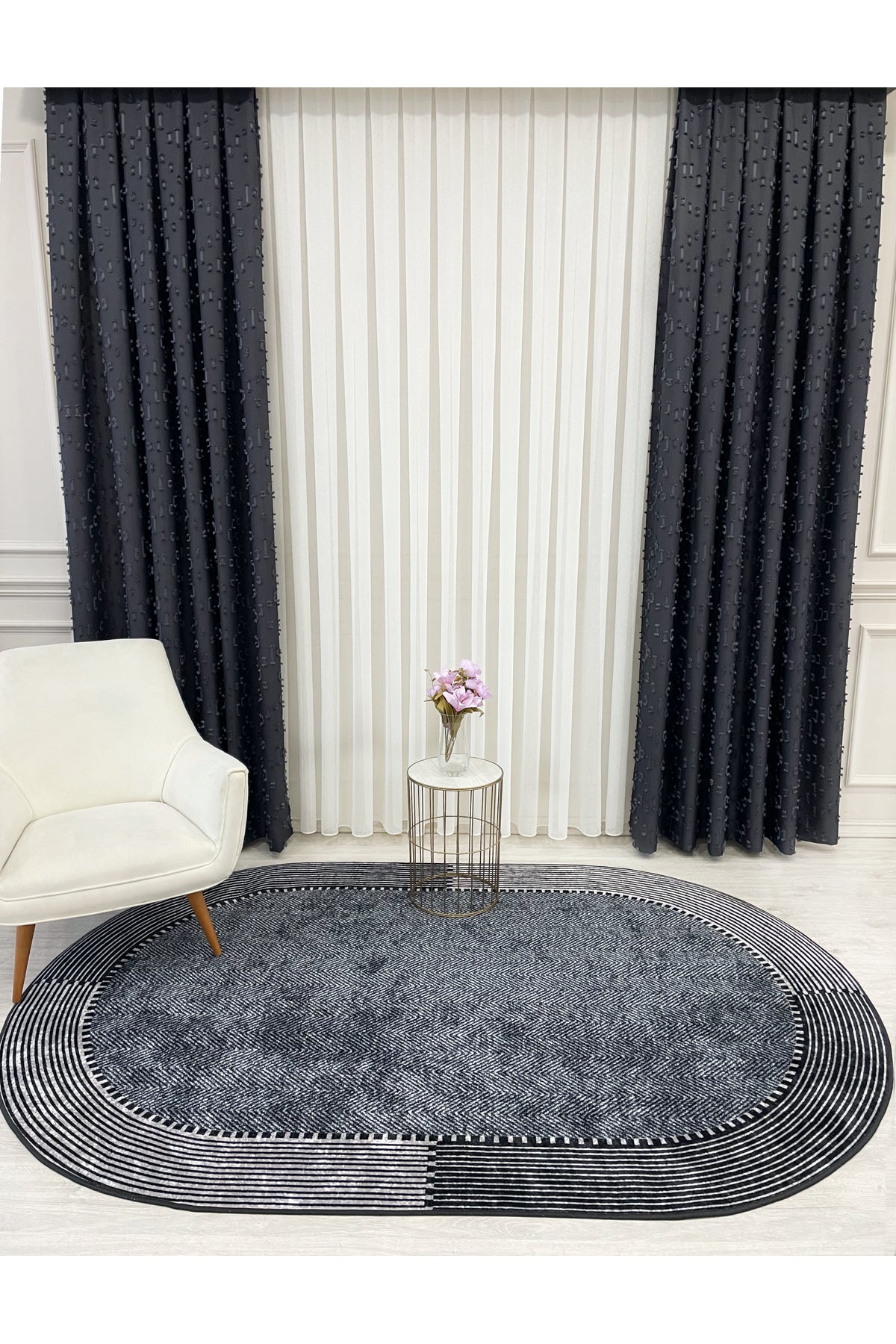 GRAY-NAVY Jute Sisal Look Non-Slip Base Rug