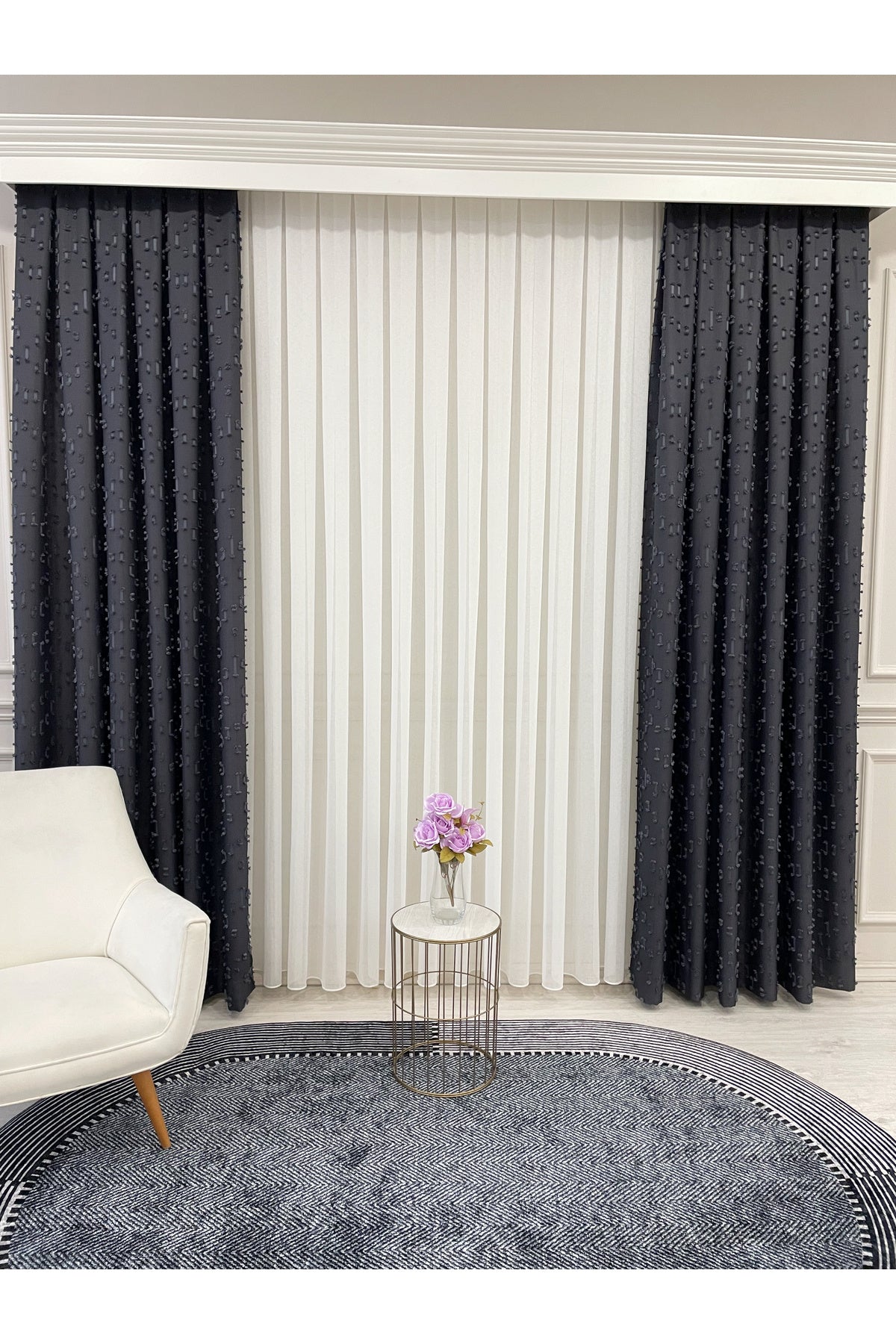Indigo Blue Pompom Puffy Blackout Curtain 1/3 Dense Pleat