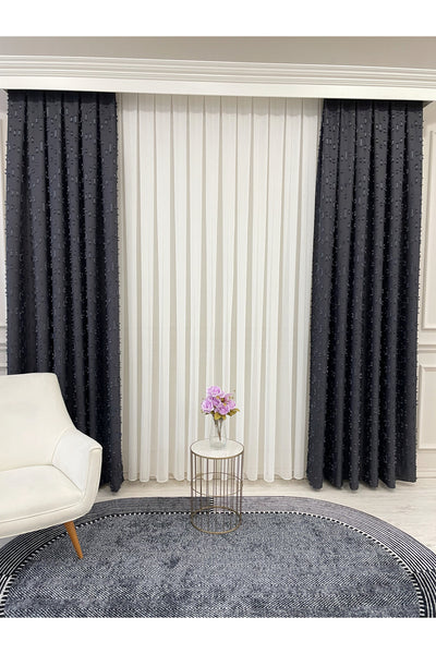 Indigo Blue Pompom Puffy Blackout Curtain 1/3 Dense Pleat