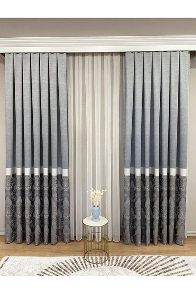 Gray Brown Damask Pattern Jacquard 1/3 Tight Pleat Jacquard Blackout Curtain