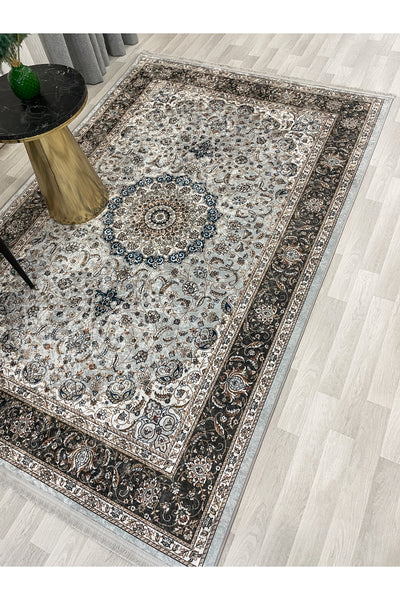 GRAY Traditional Motif FRINGED Classic Non-Slip Base Rug