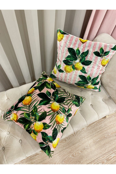 Set of 2 Lemon Pattern Velvet Cushion Pillow Cover (Pink)
