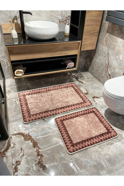 Mint Green - Zigzag Patterned Leather Base 2-Piece Bath Mat Set (60x100 - 60x50)