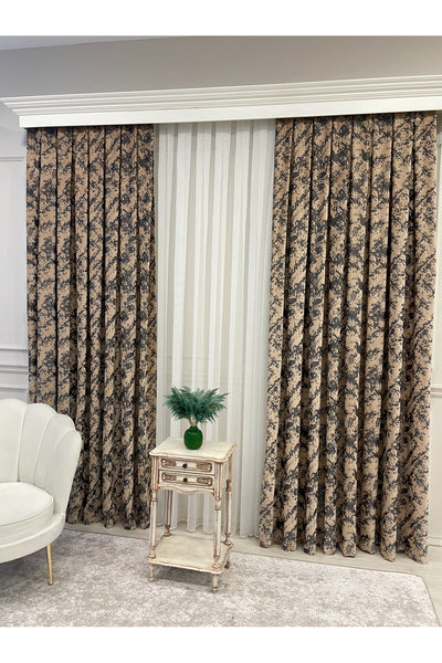 Brown-Navy Blue Chenille Pattern Jacquard 1/3 Dense Pleated Jacquard Blackout Curtain