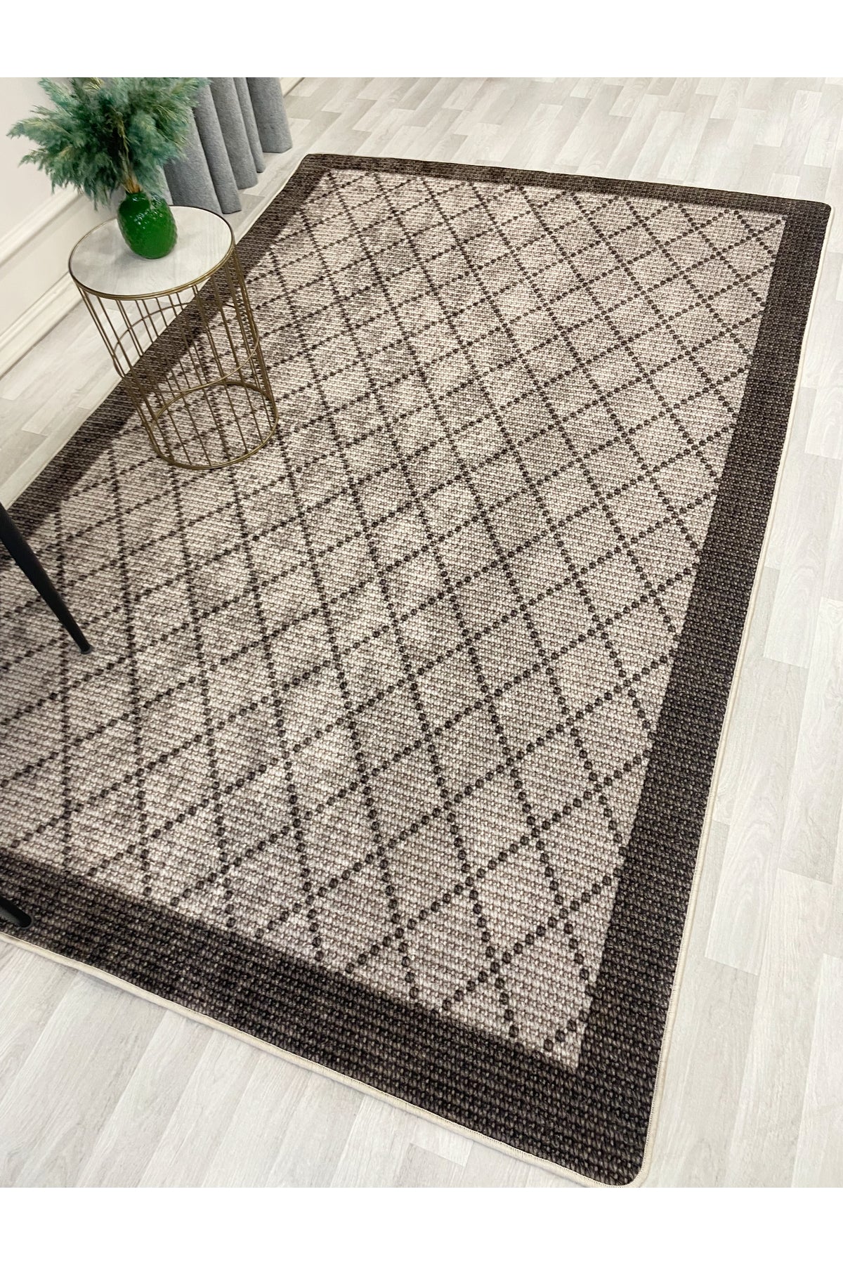 GREEN-BROWN Jute Sisal Look Bordered Non-Slip Base Runner Rug