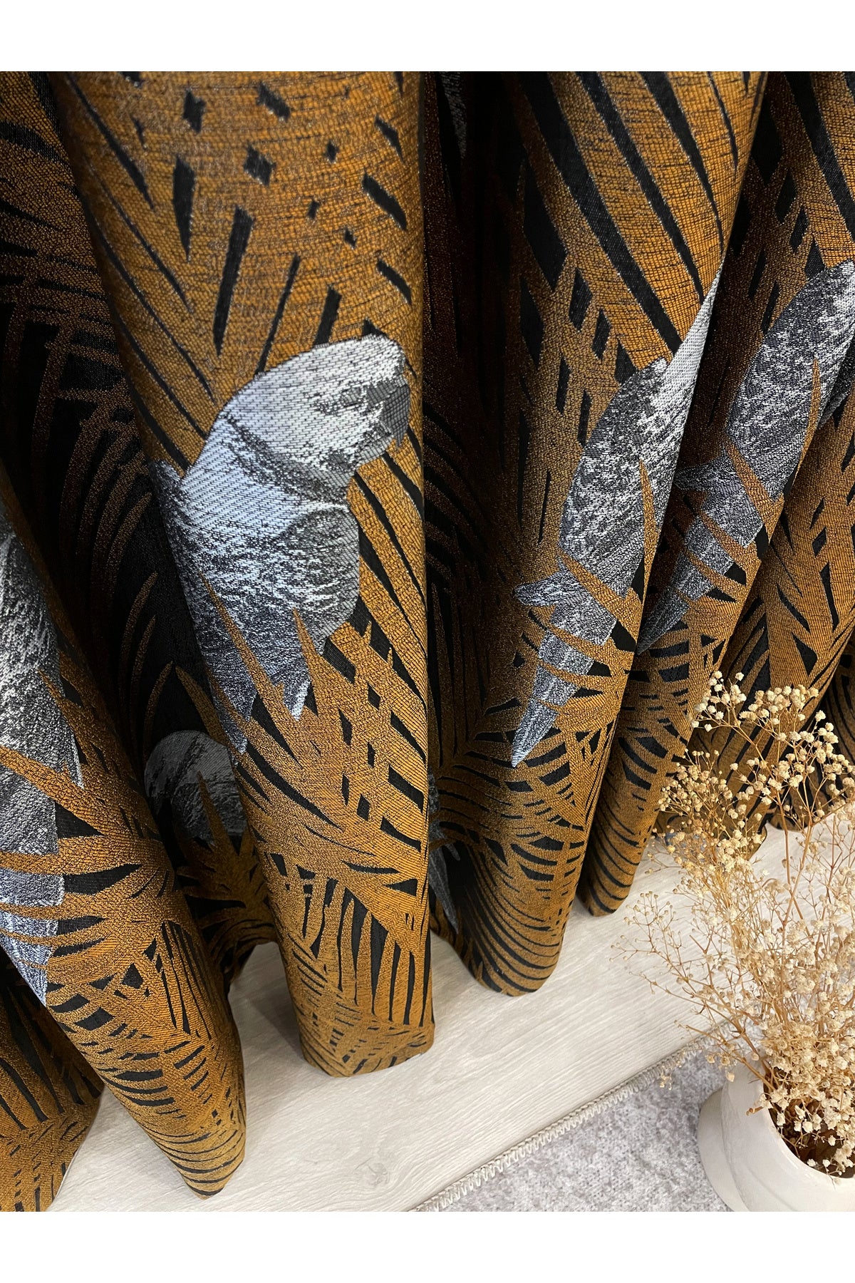 Brown-Navy Blue Bird Patterned 1/3 Dense Pleated Blackout Curtain