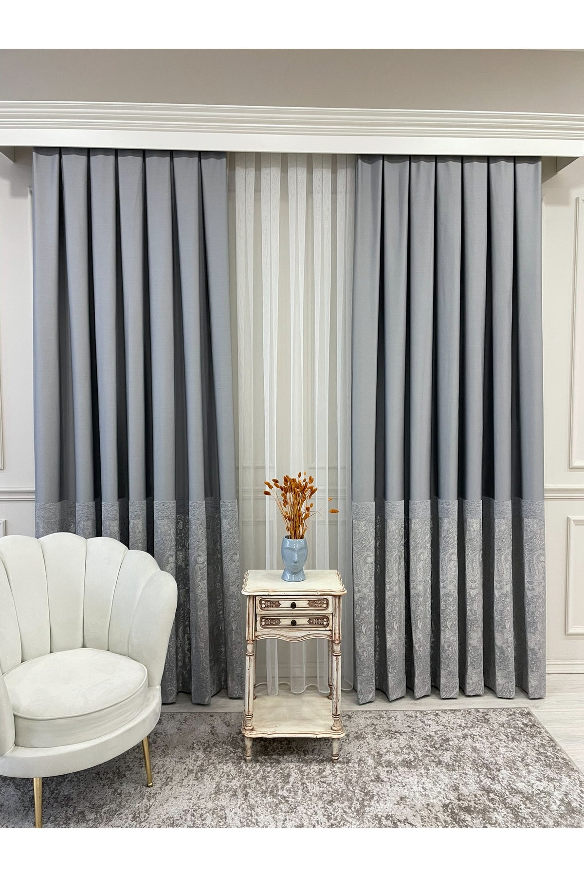 Gray Shawl Pattern 1/3 TIGHT PLEAT Jacquard Woven Blackout Curtain