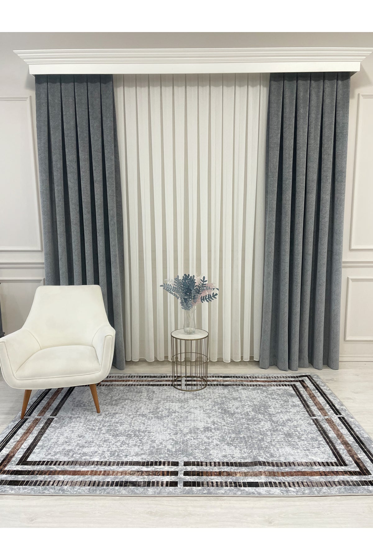 BEIGE Striped Bordered Non-Slip Base Framed Rug