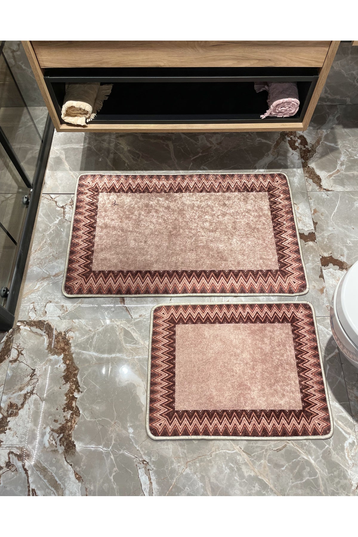 Mint Green - Zigzag Patterned Leather Base 2-Piece Bath Mat Set (60x100 - 60x50)