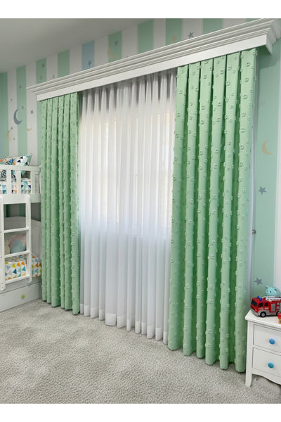 Blue Children's Room Pompom Puffy Blackout Curtain 1/3 Dense Pleating