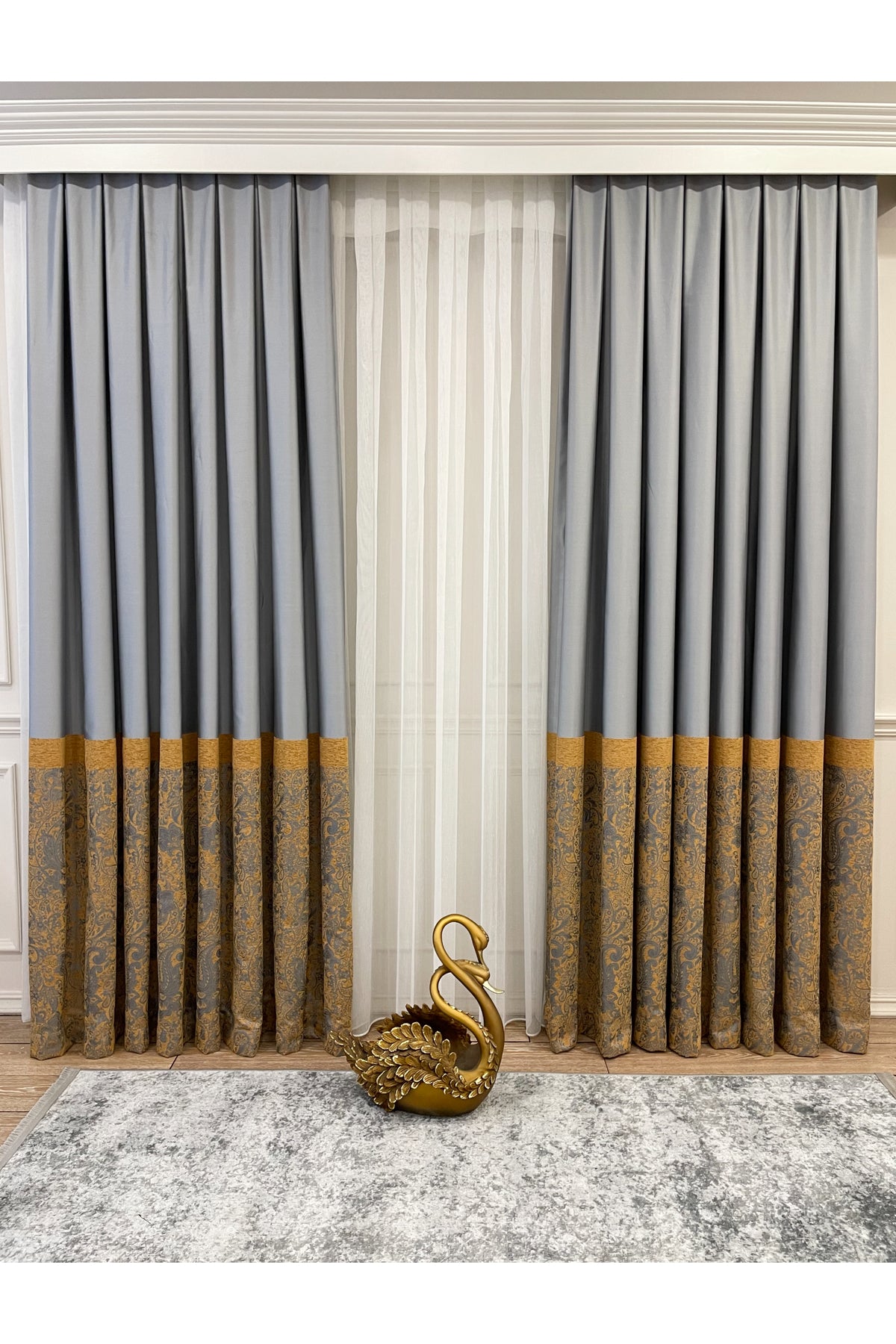 Gray Shawl Pattern 1/3 TIGHT PLEAT Jacquard Woven Blackout Curtain