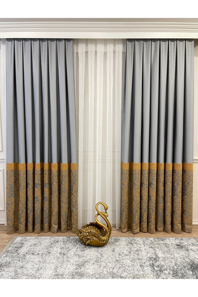Gray Shawl Pattern 1/3 TIGHT PLEAT Jacquard Woven Blackout Curtain