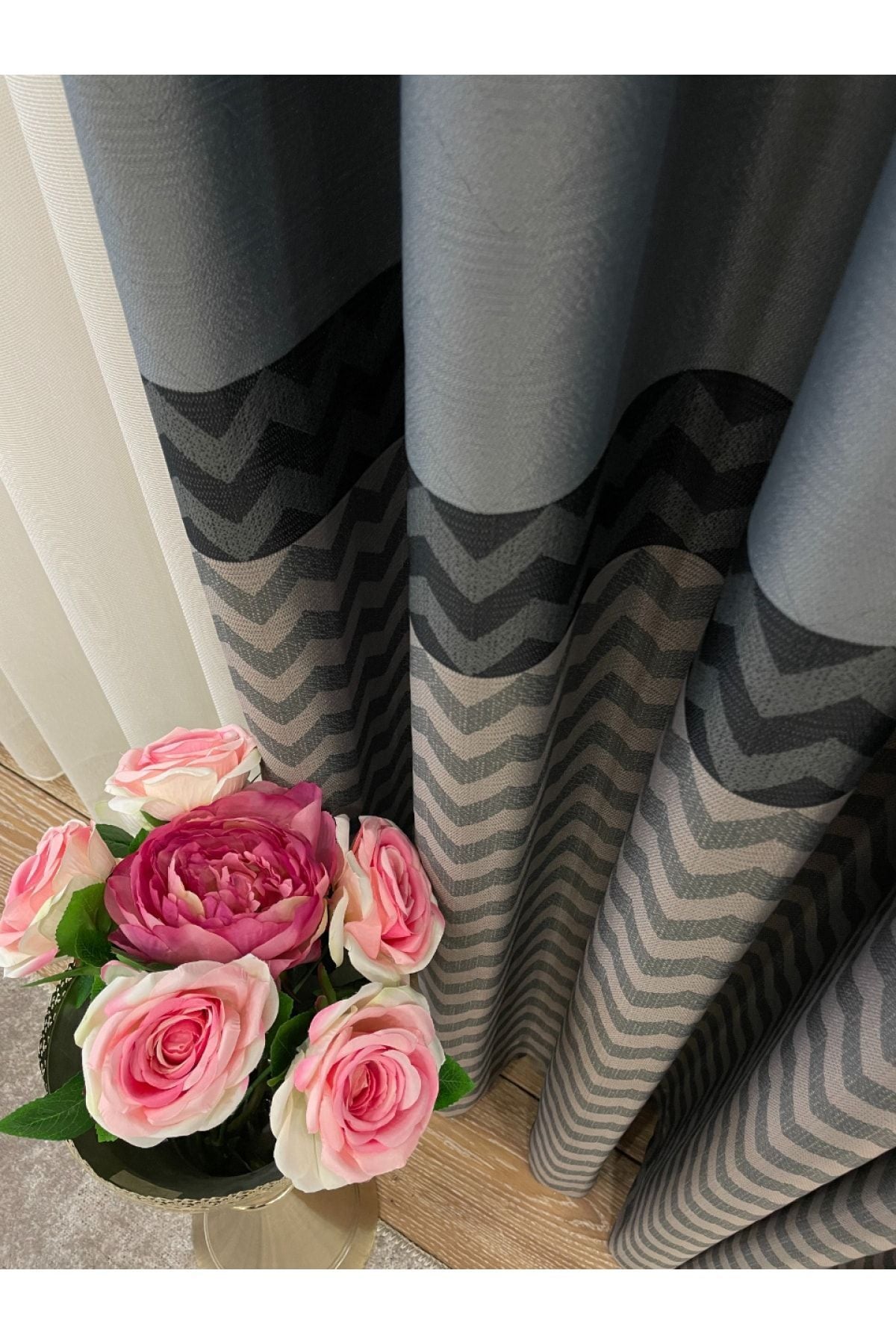Jacquard 1/3 Dense Pleat Zigzag Striped Panel Print Blackout Curtain - Beige - Brown