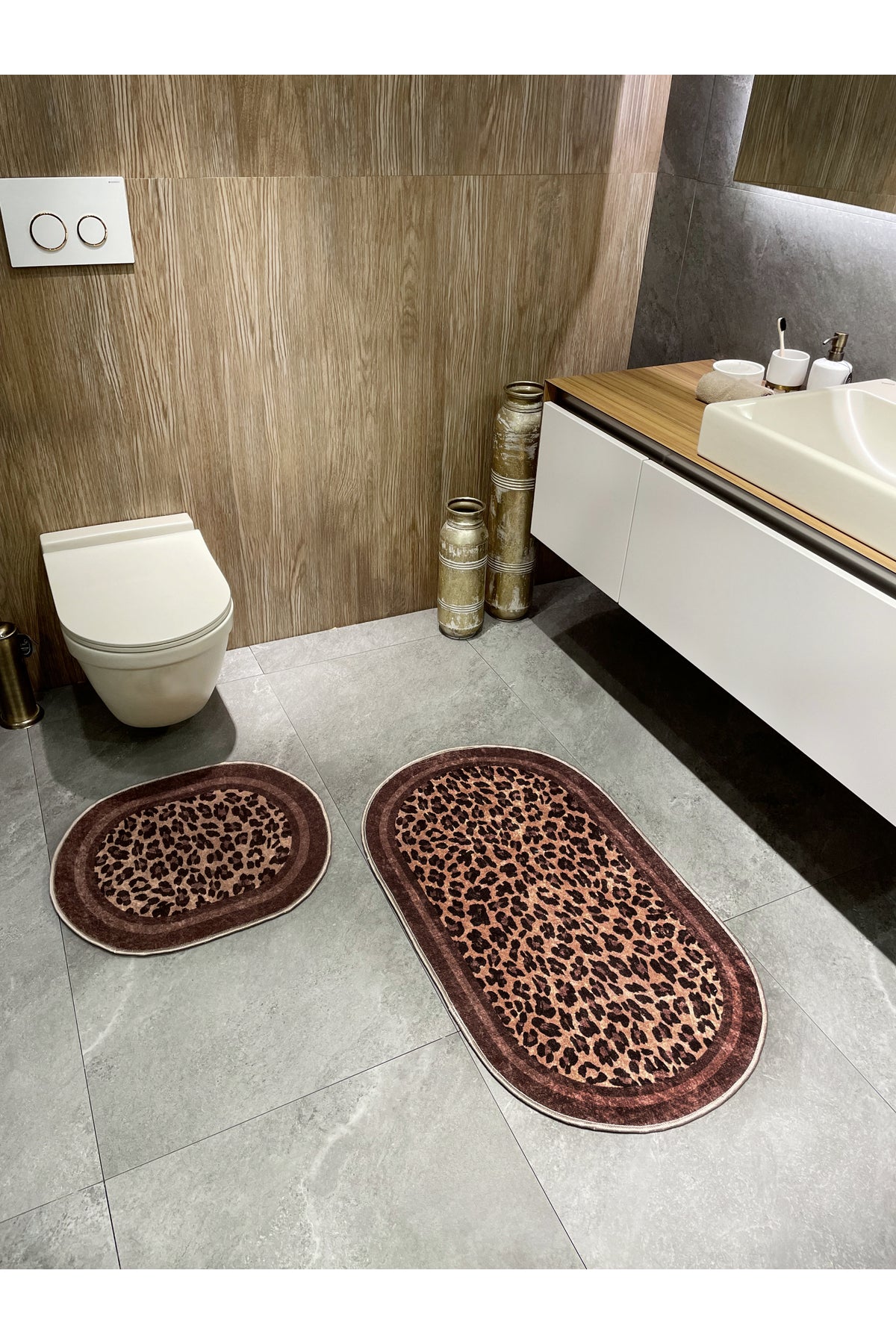 Lepoar Patterned 2-Piece Leather Base Oval Bathroom Mat (60x100 - 60x50)