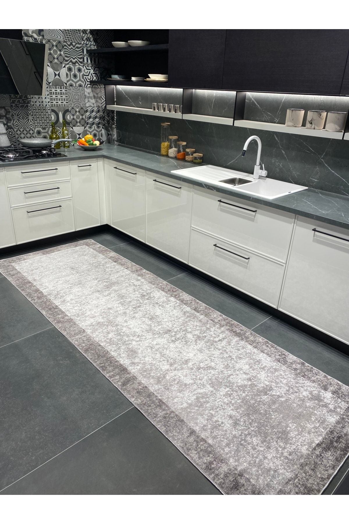 Geometric Striped Latex Leather Backing Fringeless Kitchen Rug - Gray-Black