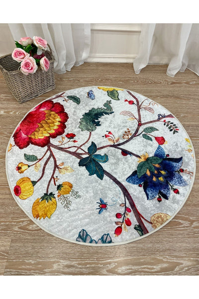 Floral Pattern Decorative Leather-Backed Round Rug - Gray