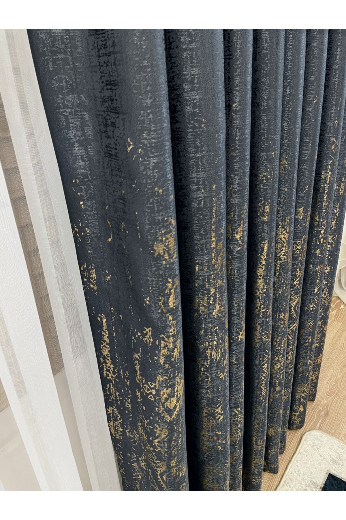 Jacquard Ground Foil Print 1/3 Dense Pleat Blackout Curtain - Beige - Gold Foil