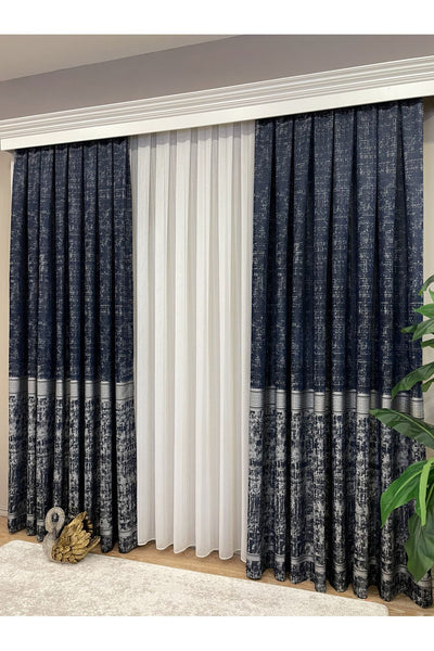 Gray Anthracite Bordered Pattern 1/3 Tight Pleat Jacquard Woven Blackout Curtain