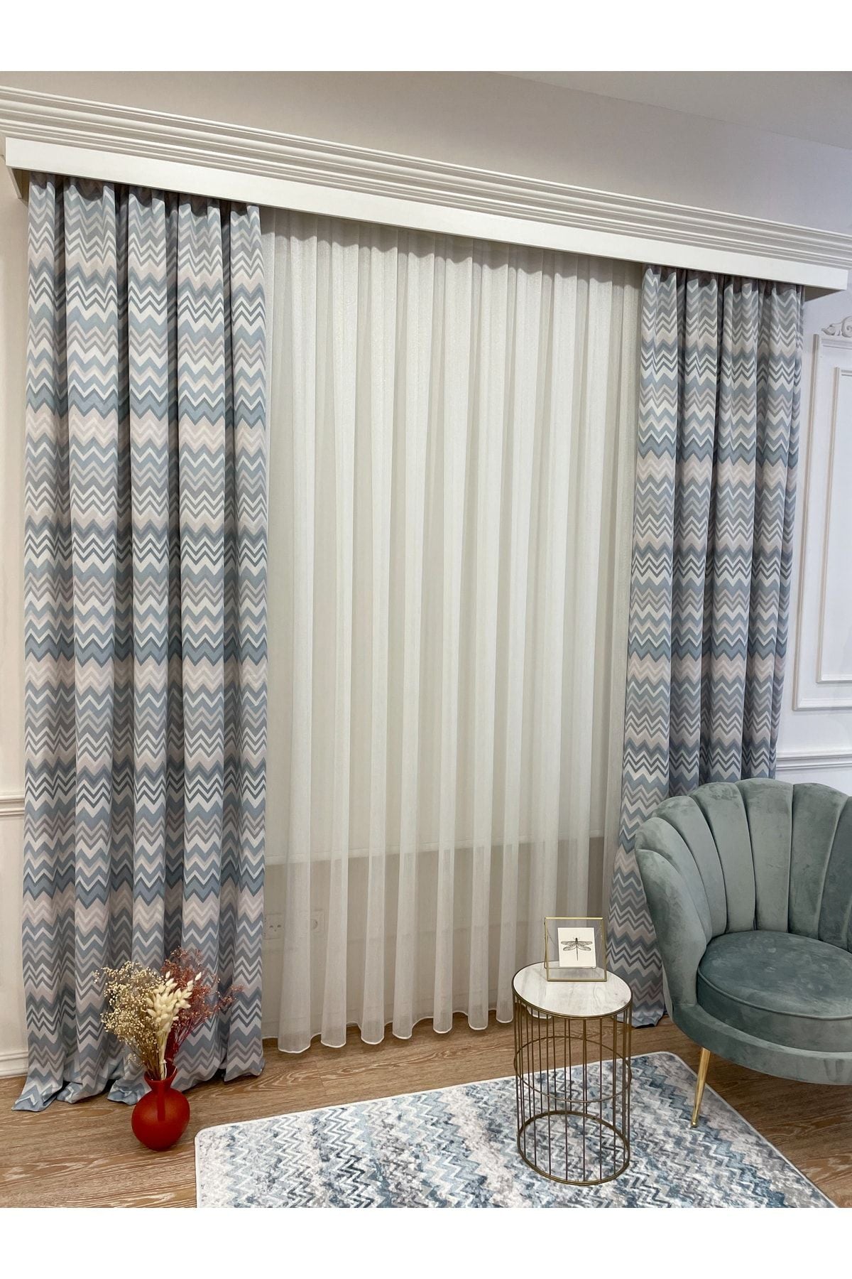 Zigzag Patterned No-Pleat Flat Stitch Extra-Tape Blackout Curtain