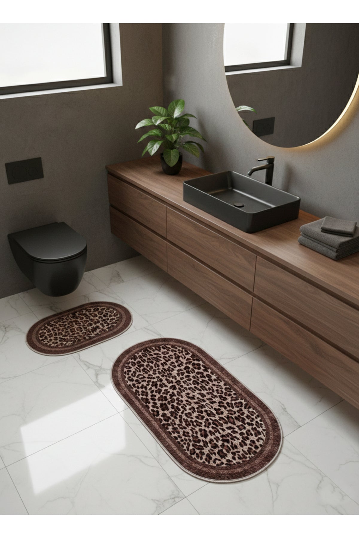 Lepoar Patterned 2-Piece Leather Base Oval Bathroom Mat (60x100 - 60x50)
