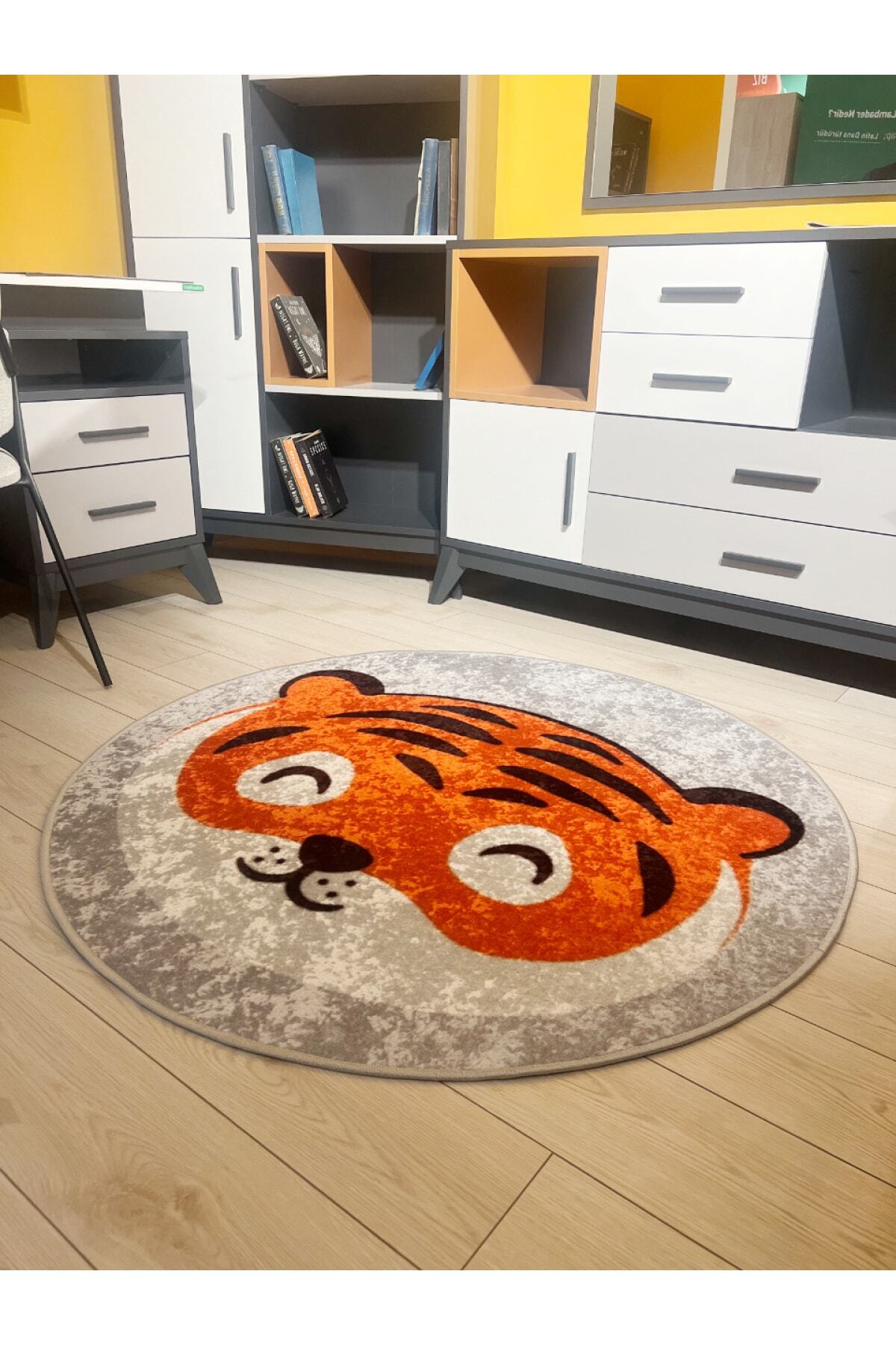 Tiger Patterned Round Washable Children's Baby Rug - Grey