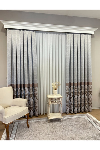 Gray Brown Damask Pattern Jacquard 1/3 Tight Pleat Jacquard Blackout Curtain