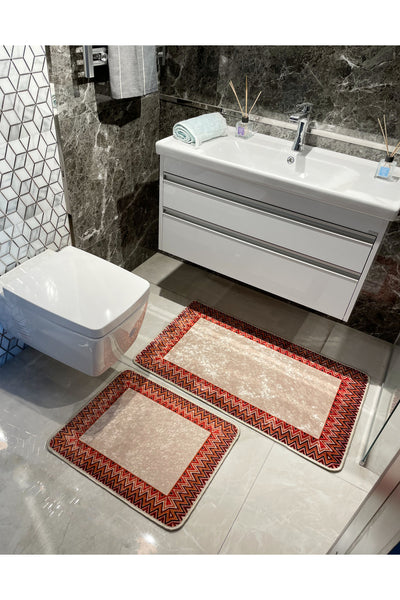 Mint Green - Zigzag Patterned Leather Base 2-Piece Bath Mat Set (60x100 - 60x50)