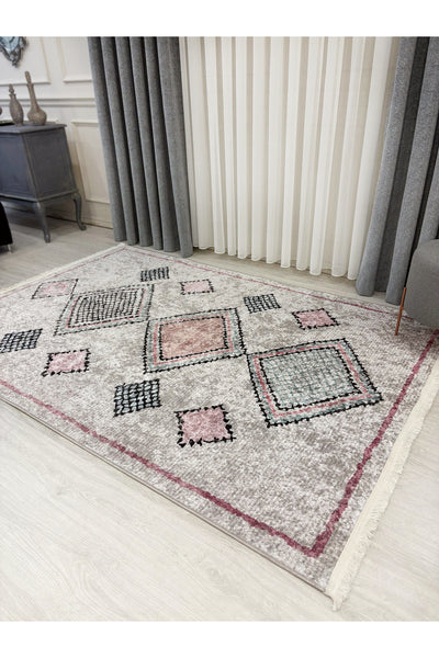 Beige - Powder Pink Ethnic Pattern Latex Non-Slip Base Rug