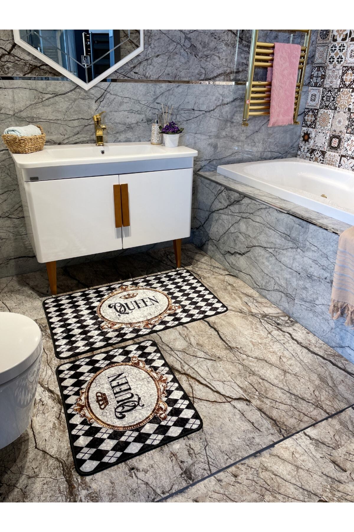 2'li Quenn Sloganlı Banyo Paspası Gri (ebat 60x100 - 60x50 )