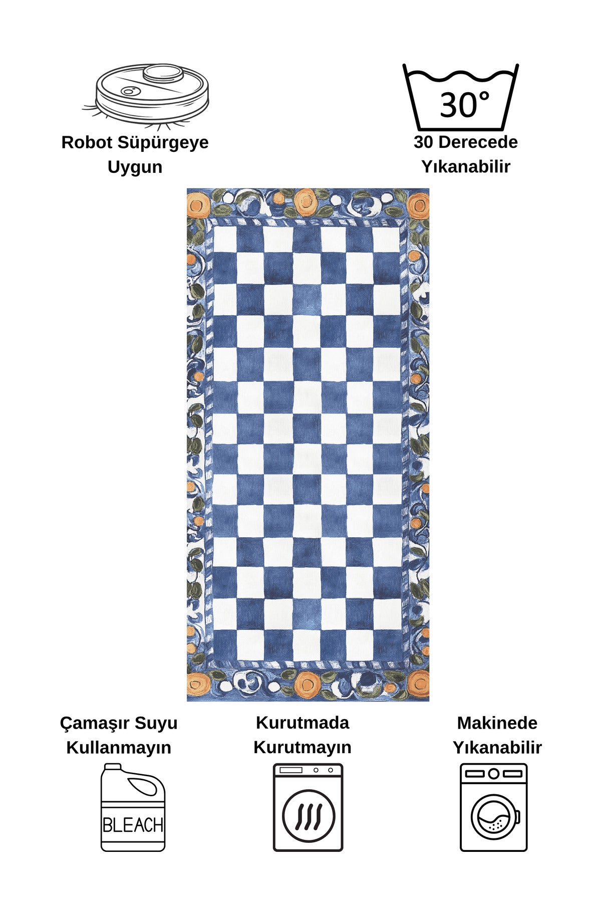 Beige Orange Checkered Pattern Non-Slip Base Kitchen Rug