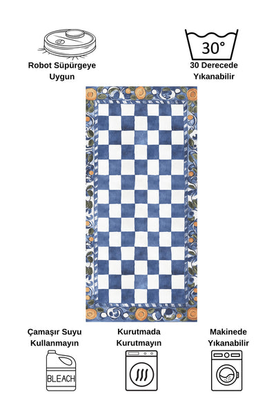 Beige Orange Checkered Pattern Non-Slip Base Kitchen Rug