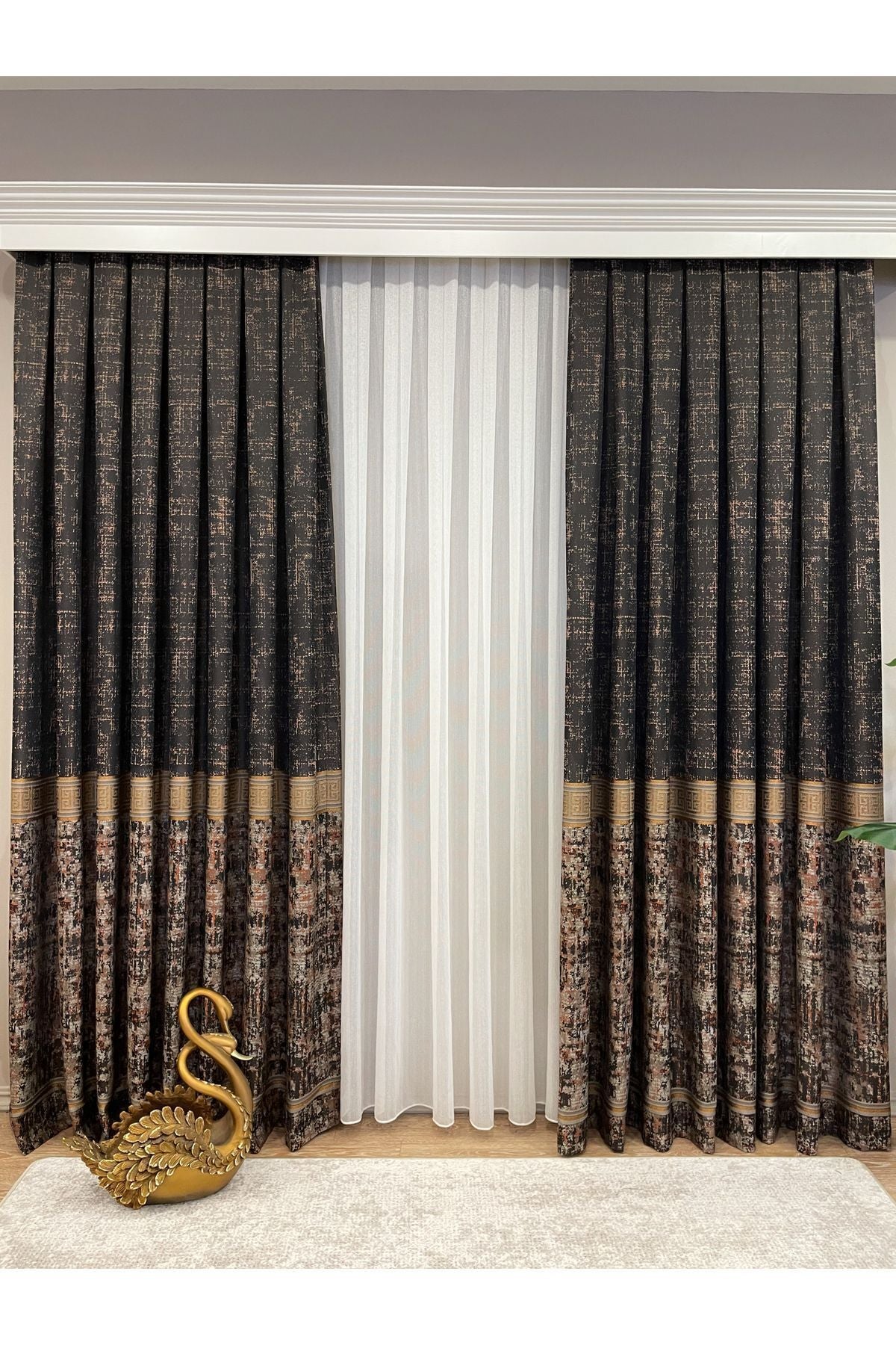 Gray Anthracite Bordered Pattern 1/3 Tight Pleat Jacquard Woven Blackout Curtain