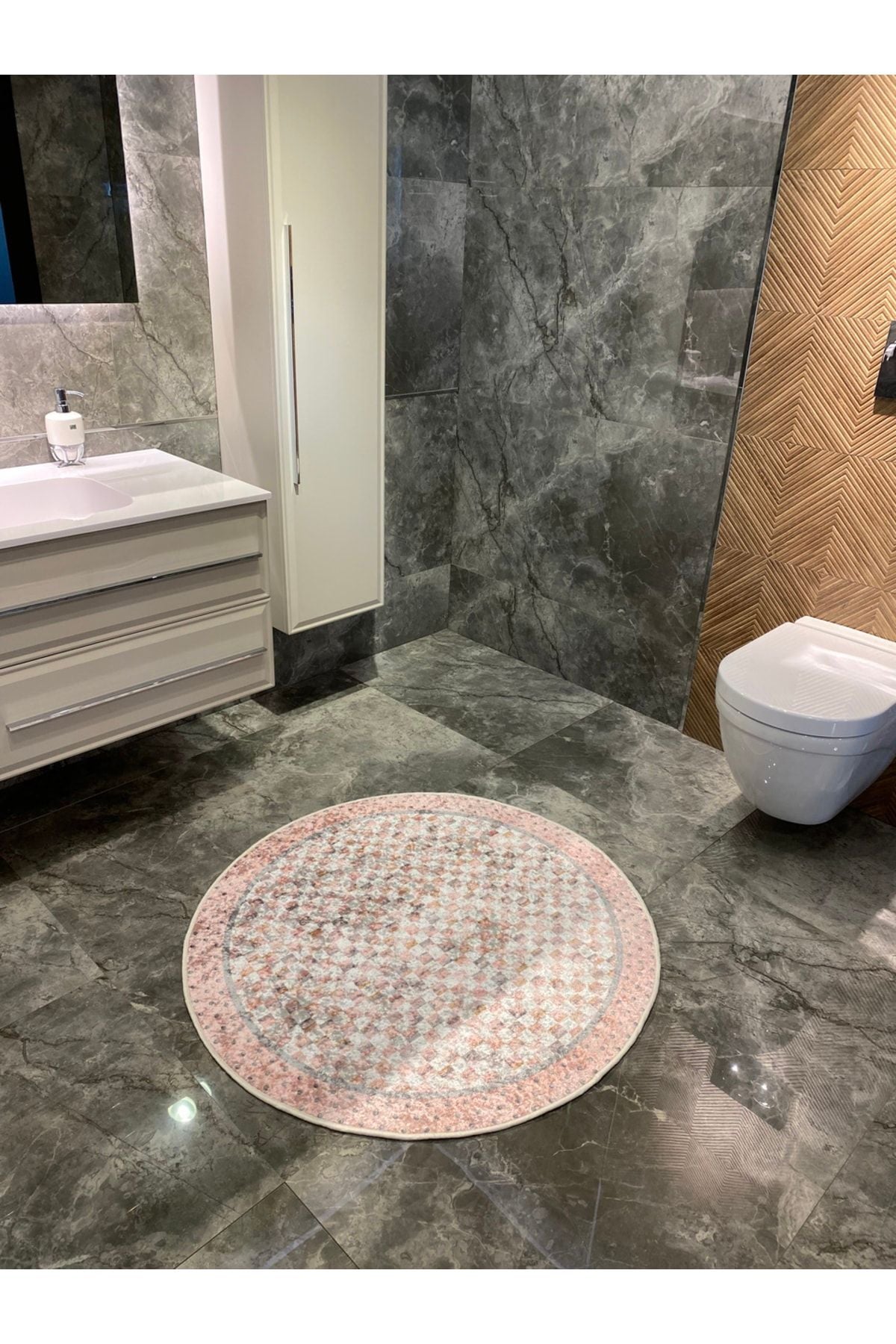 Robert Blue Diamond Pattern Fringeless Round Bathroom Mat - Blue Size 100x100