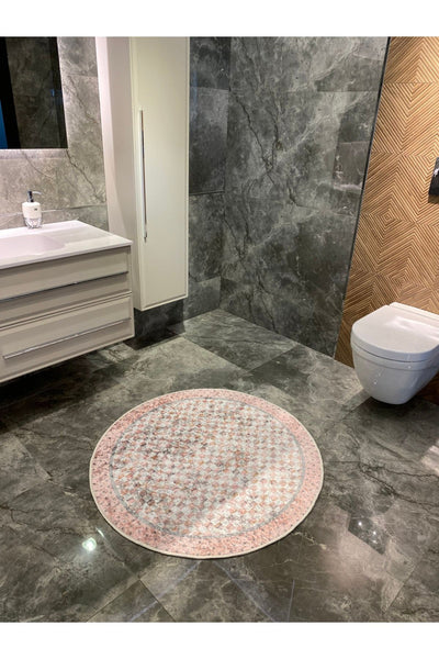 Robert Blue Diamond Pattern Fringeless Round Bathroom Mat - Blue Size 100x100