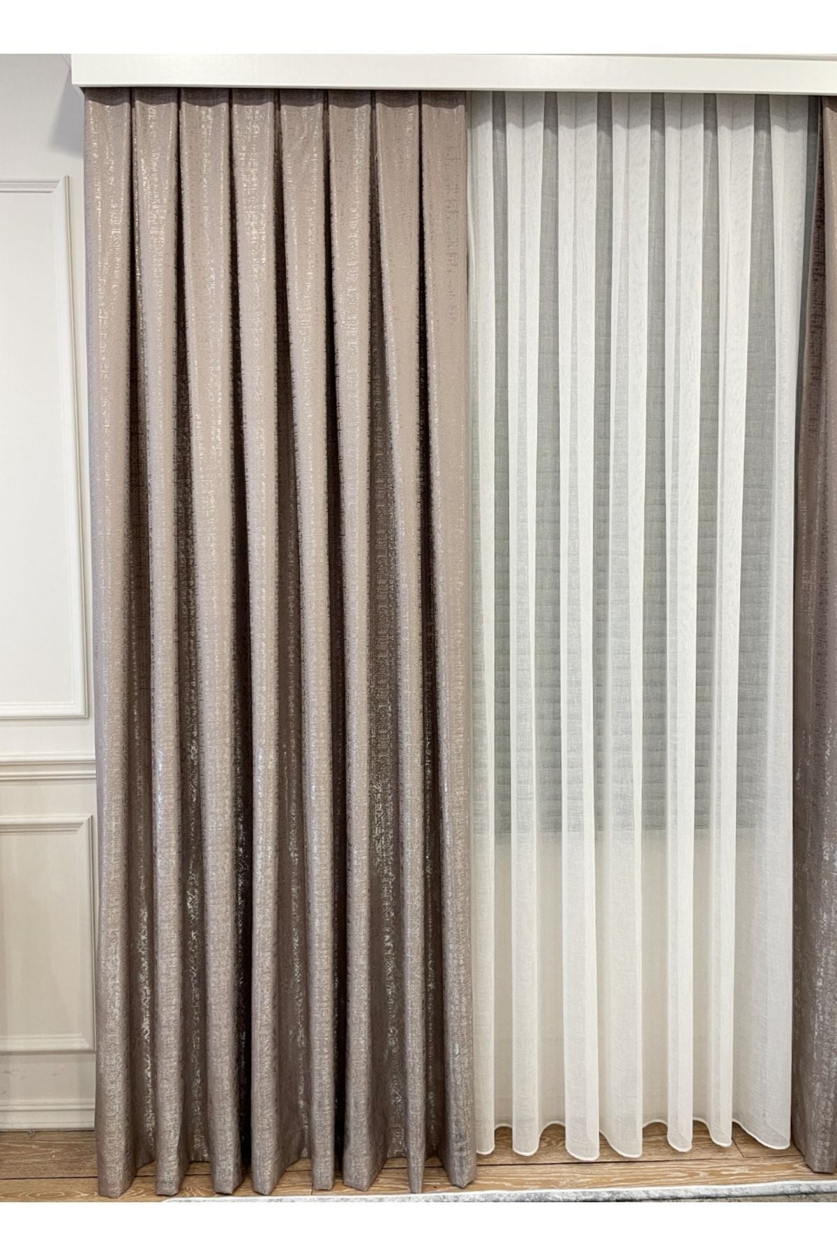 Jacquard Ground Foil Print 1/3 Dense Pleat Blackout Curtain - Beige - Gold Foil