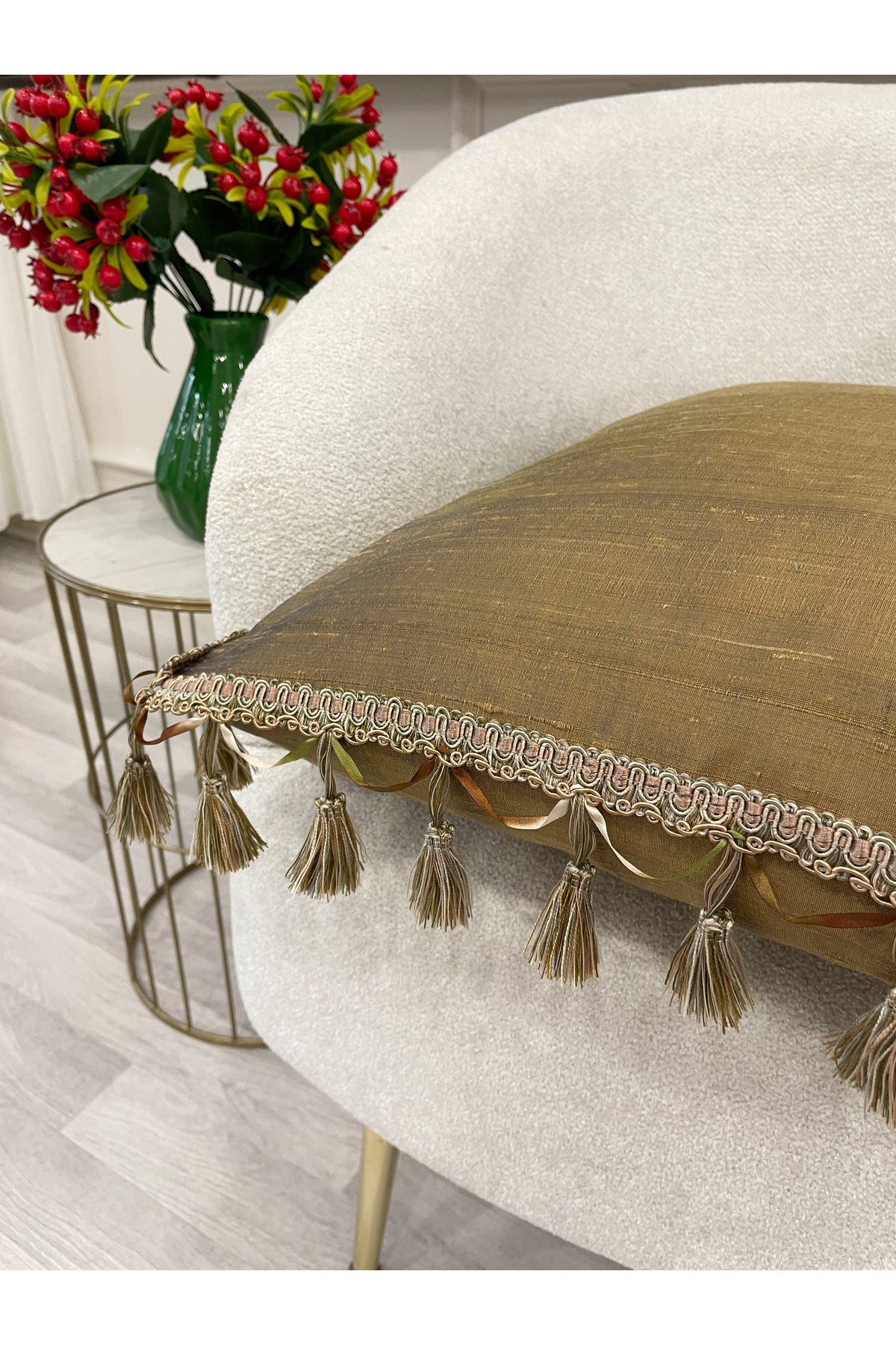 Olive Green - Tasseled - Silk Taffeta Throw Pillow Cover (45X45)