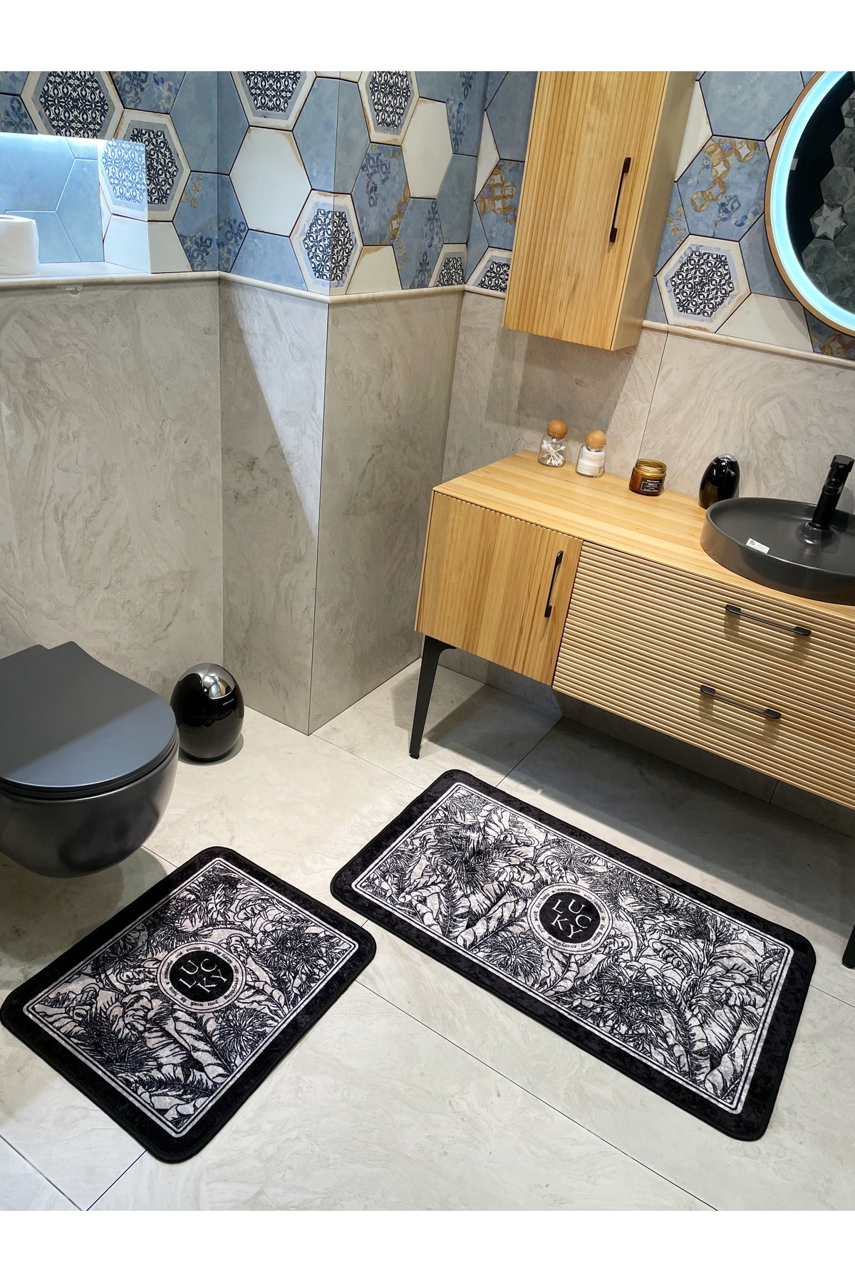 2-Piece Floral Pattern 60x100 - 60x50 Lucky Latex-Backed Bath Mat Set