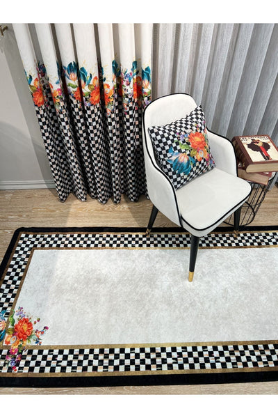 1/3 Dense Pleated Checkered Floral Curtain Panel - Beige-Black