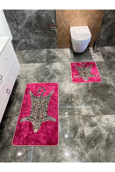 Set of 2 Leopard Print 60x100 - 60x50 Bathroom Rugs - Fuchsia