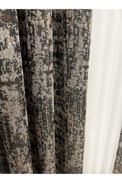 Orange - Brown Abstract Pattern 1/3 Tight Pleat Jacquard Woven Blackout Curtain